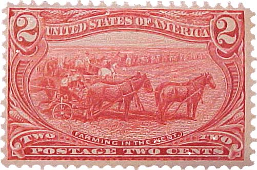 <strong>Figure 39. U.S. postage stamp</strong> showing the Amenia and Sharon Land Company. <em>(Bureau of Engraving, #286 2c, “Farming in the West”)</em>
