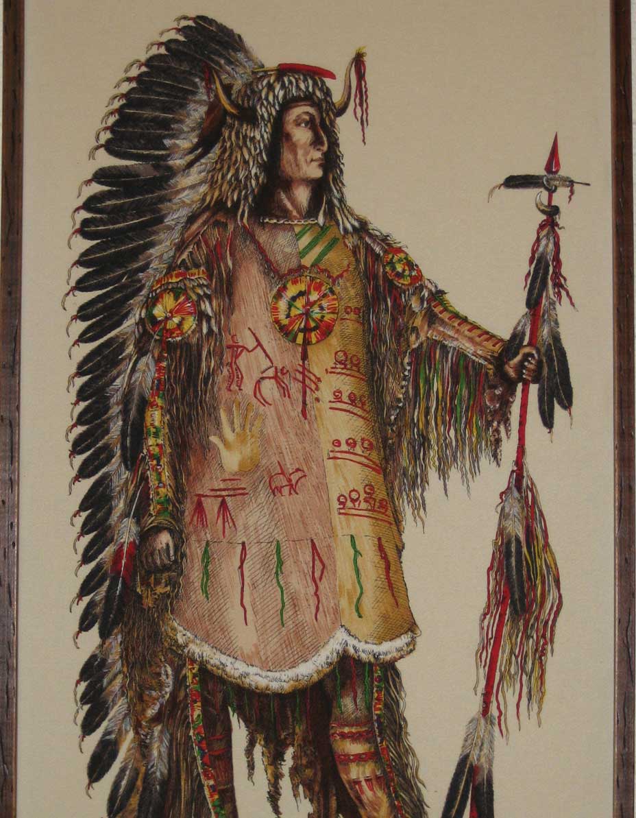 Mandan Chief Four Bears with coup stick.