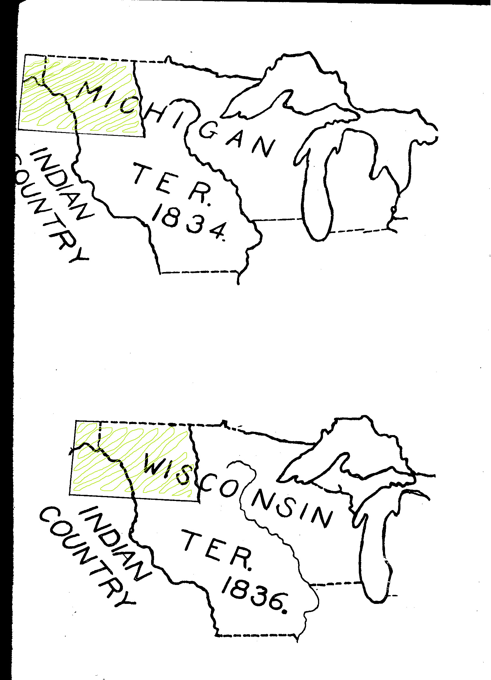 These two maps show how quickly territories took shape. As Michigan prepared to become a state (1837), the territory’s western portion was re-assigned to Wisconsin.