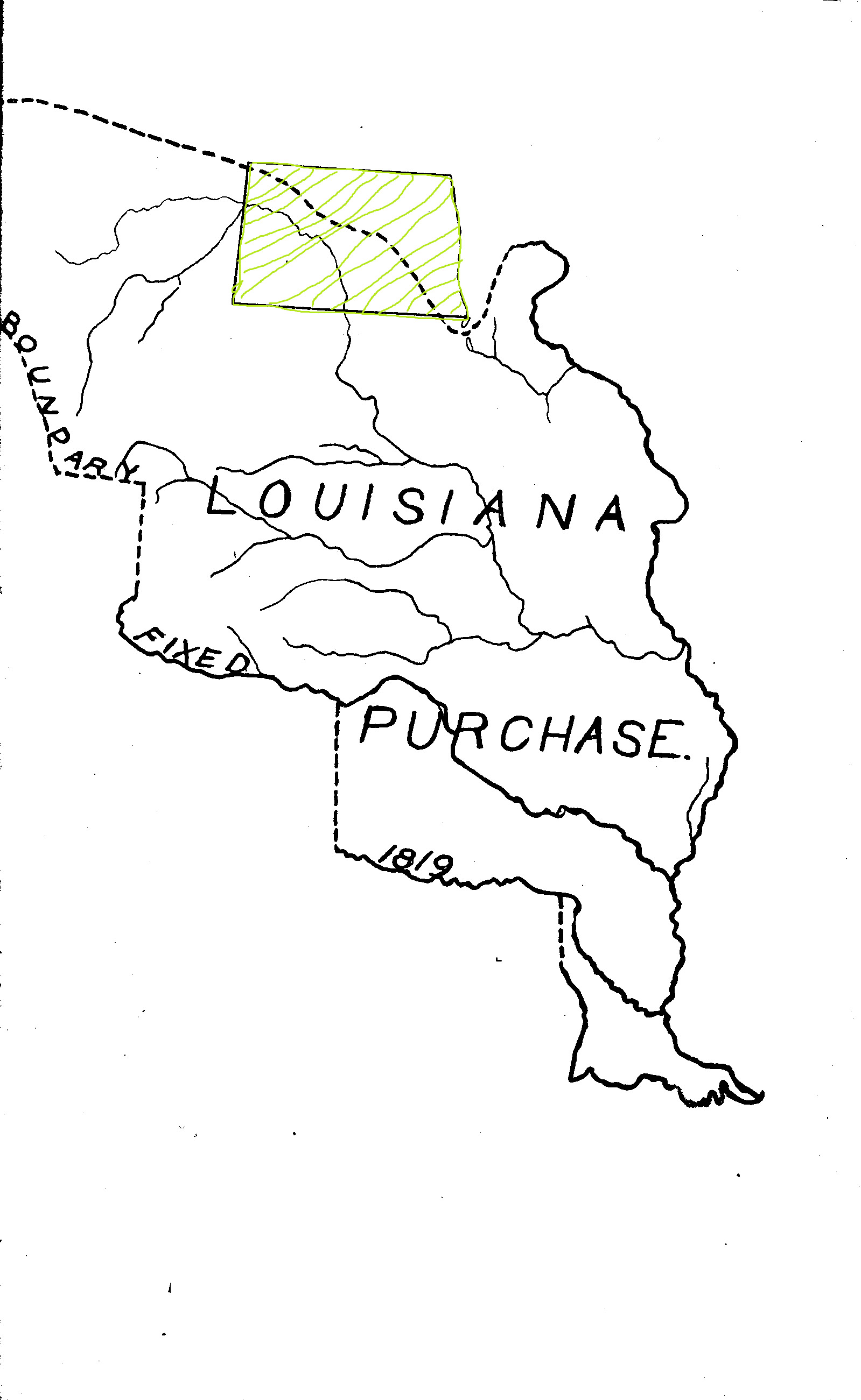 The Louisiana Purchase (1803) was defined as the drainage of the Missouri River and its tributaries. The eastern portion of North Dakota drains into the Red River.