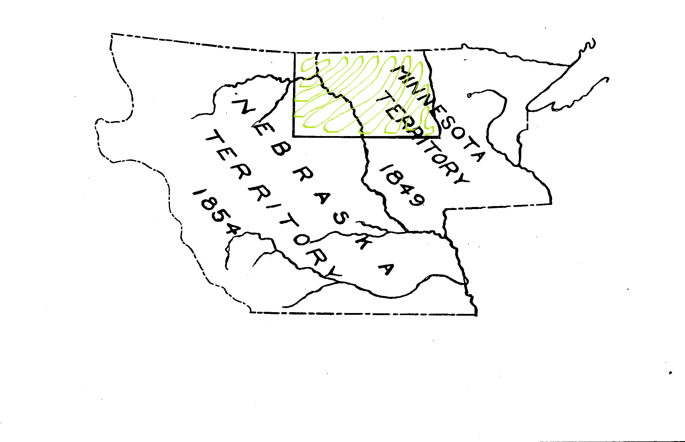 In 1854, the western portion of North Dakota (west of the Missouri River) was given to Nebraska Territory.