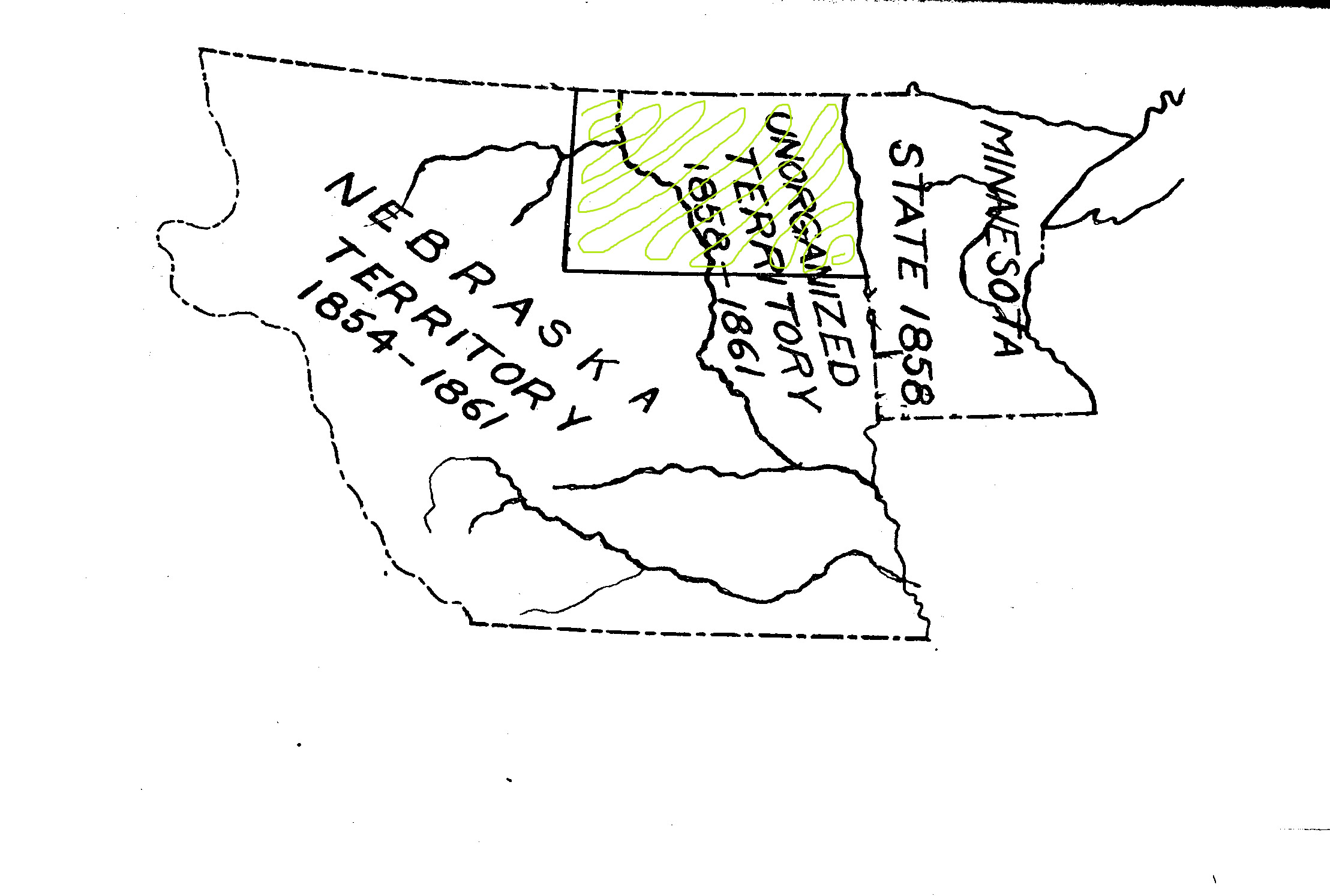 Nebraska Territory continued to claim the West River country until 1861. Minnesota became a state in 1858 without the area west of the Red River. The land between the Red River and the Missouri River was unorganized. It had no government and no representation in Congress.