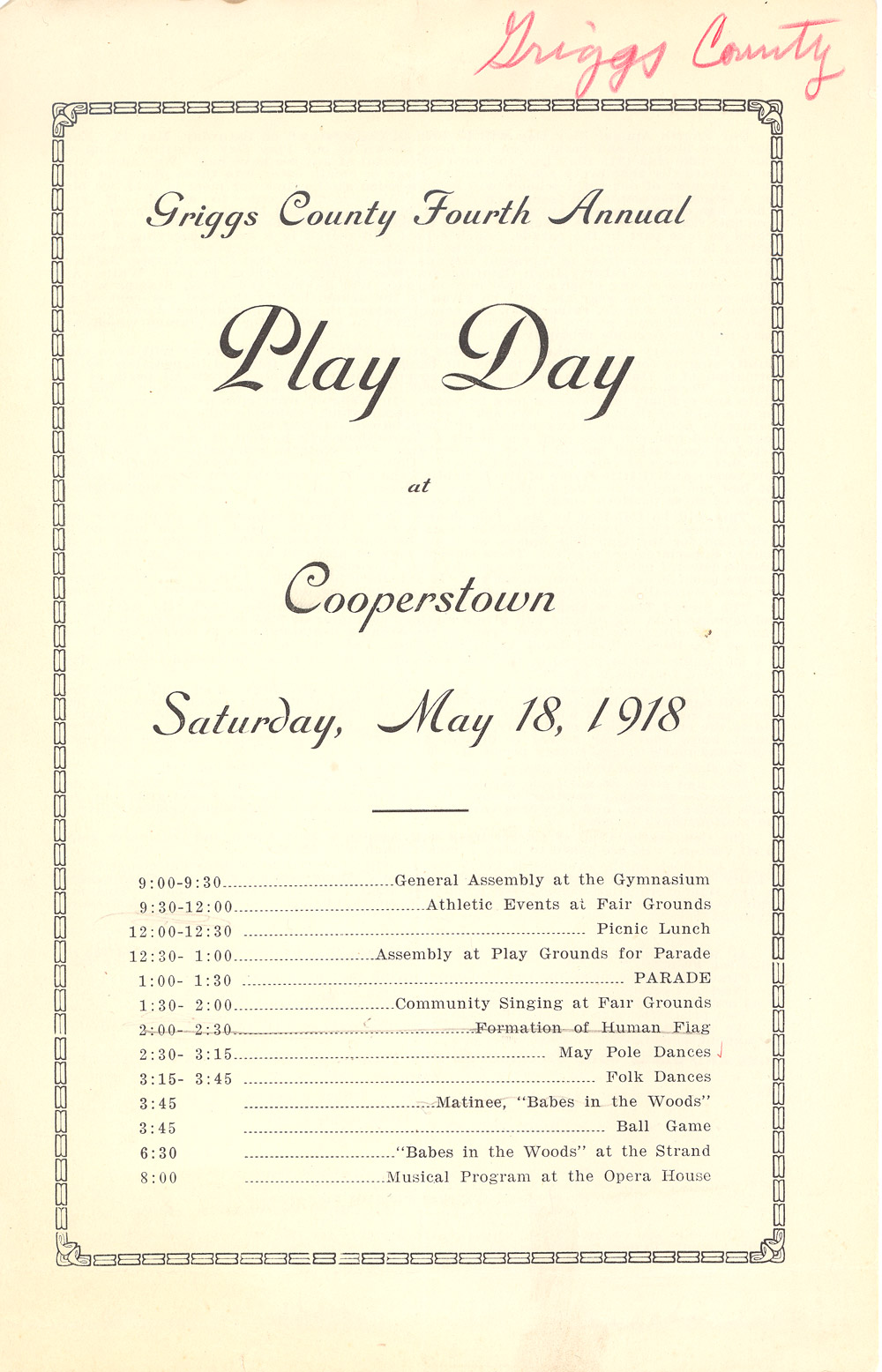 Play Days were popular end-of-the-school year events. Parents often attended Play Day events which were all about having fun. The State Superintendent of Public Instruction did not offer any booklets for Play Day. The events were organized by each school district.