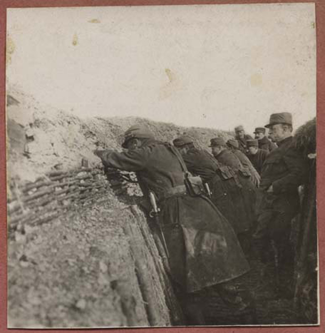 <span class='figure-reader-id'>Image 16:</span> 11086-30-02. The first three years of combat in the Great War were conducted in trenches such as this one. These soldiers appear to be French.  The trenches were filthy and wet. Many men became sick and died after living and fighting for months in these trenches. <span class='figure-archive-id'>SHSND 11086-30-02.</span> 
