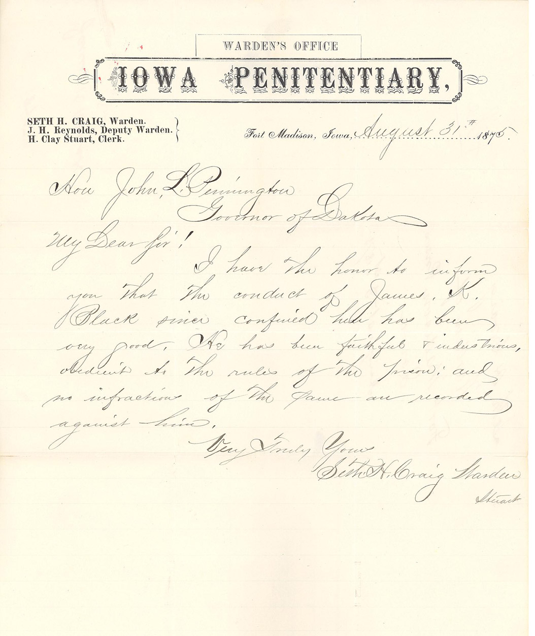 Warden's Letter from Iowa