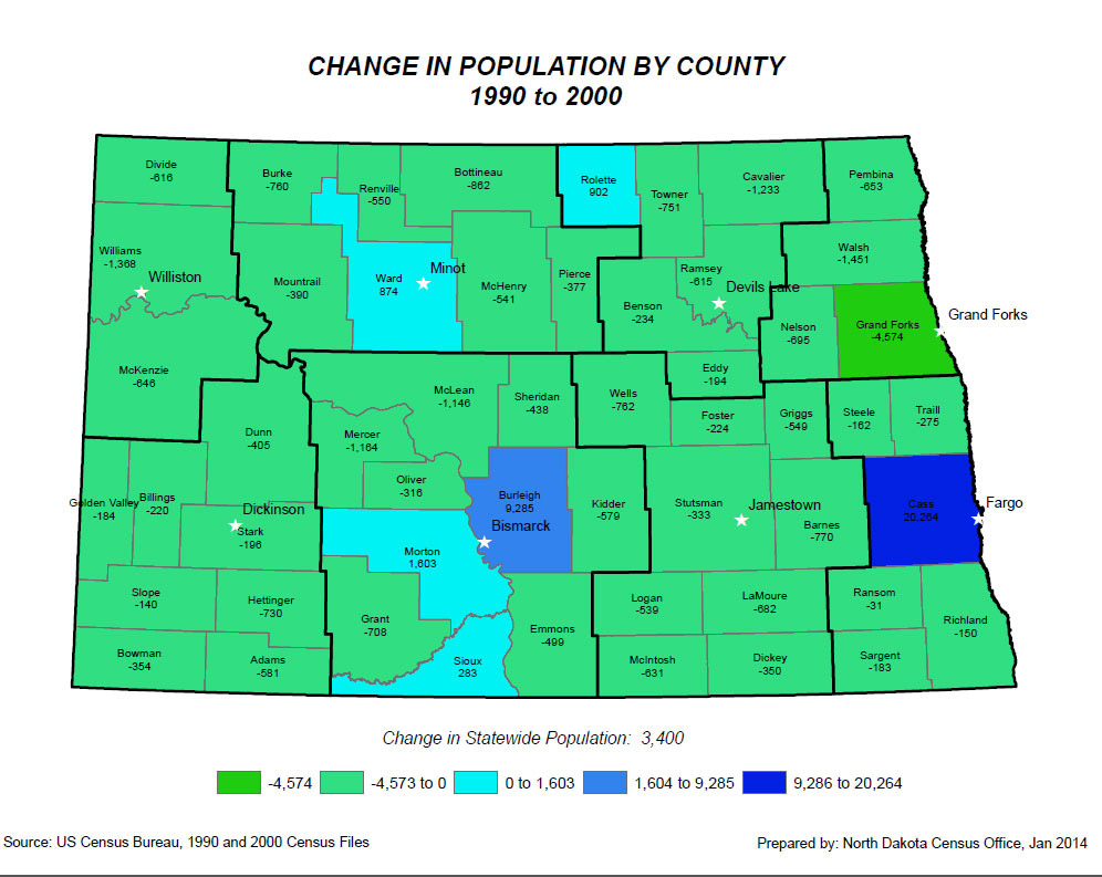 Map 6 - Population maps. These maps show how the population has grown or declined in each county in North Dakota from 1970 to 2010. During this time period, the western counties saw both decline and growth depending on the development of the oil and gas fields. Cass County (Fargo) saw steady growth. Many counties were in a constant state of decline.