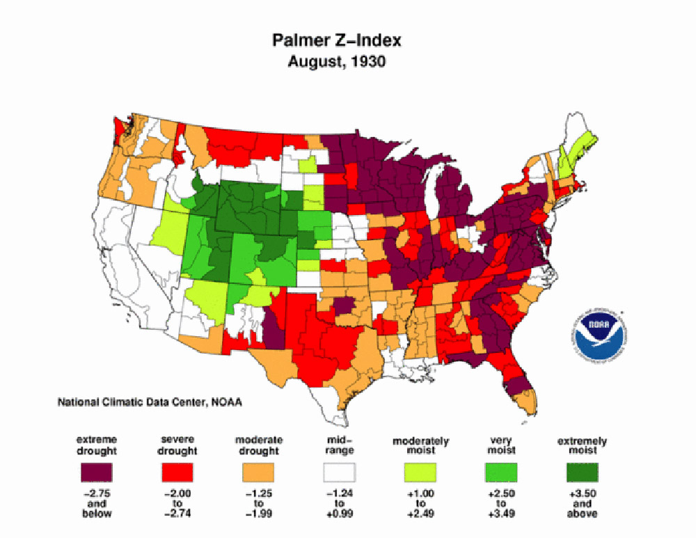 Palmer Maps, 1930s. These Palmer Z-Index maps show areas of North Dakota that suffered from drought during the 1930s. Map 8 is a Palmer Modified Drought Index Map for July 1934 showing the effect of drought over the past 12 months.