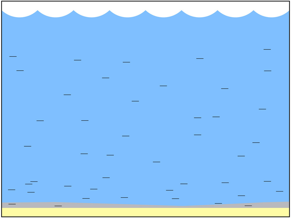 <span class='figure-reader-id'>Stage 2</span> Plant life grew along the edges of the seas, and the first forests appeared. The first four-legged animals also developed during this time. As algae, plankton and other organisms died, they accumulated in the sediment at the bottom of the sea.