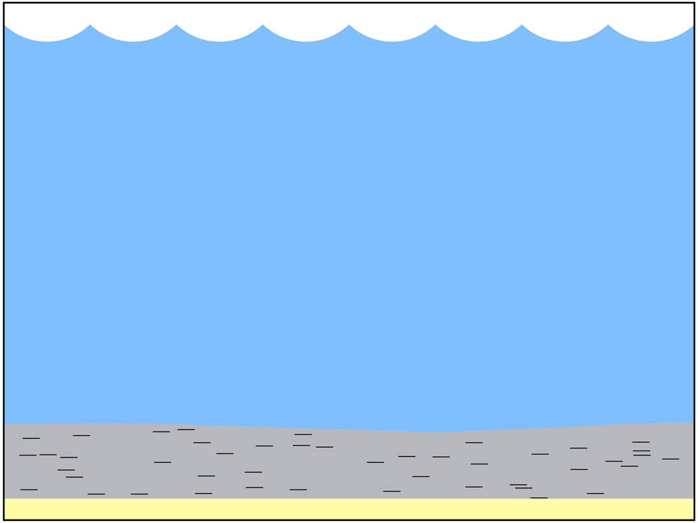 <span class='figure-reader-id'>Stage 3</span> Each time the seas would recede, decayed matter from the living things would be left behind.