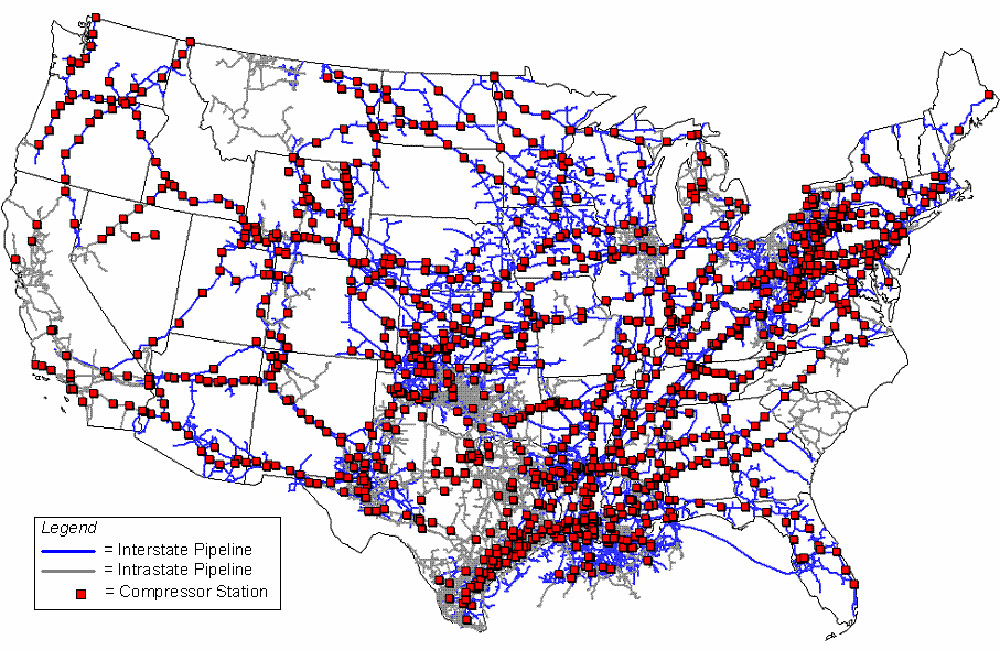 U.S. map of natural gas pipelines and compressor stations