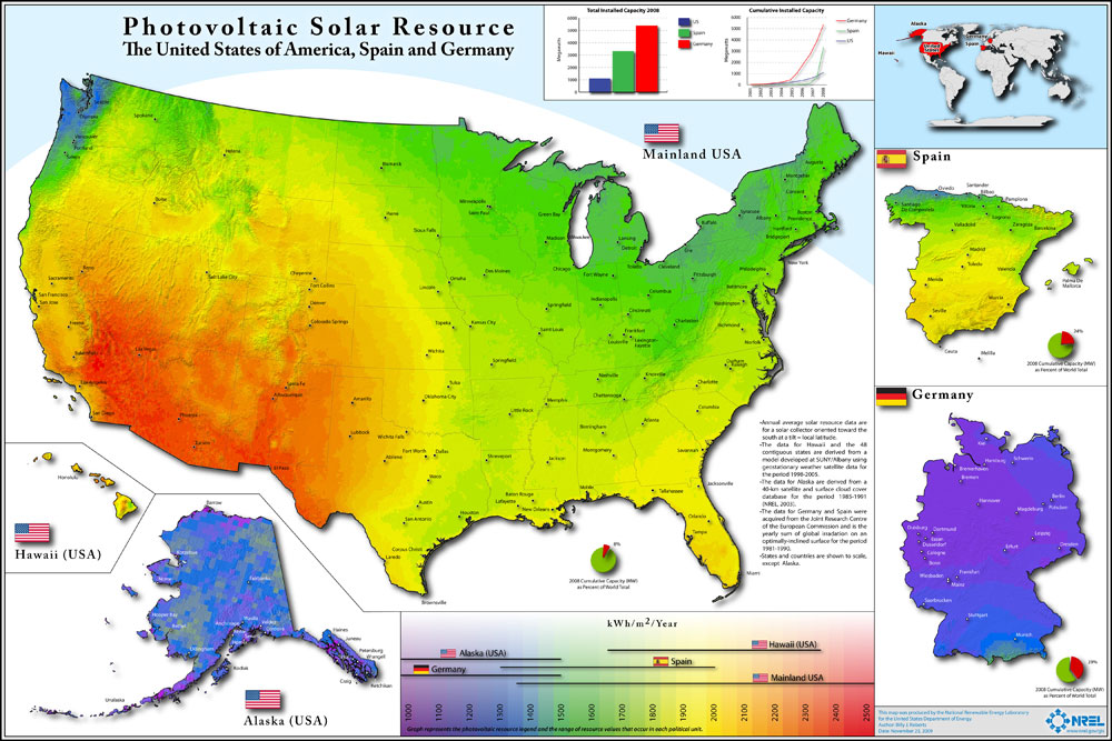 Solar map of North Dakota, Spain and Germany