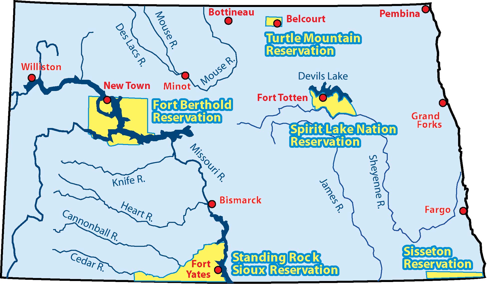 Map showing North Dakota Reservations.