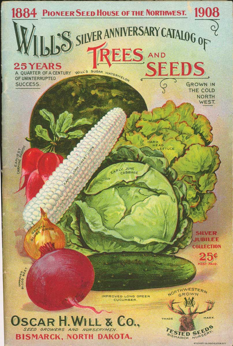 <strong>Oscar Will Seed Catalog Covers. Figure 105. </strong>The front cover of the 25th anniversary Oscar H. Will & Company seed catalog for 1908 features drawings of Will’s sugar watermelon, hard head lettuce, early June cabbage, carmine radish, and early June sweet corn called “Dakota globe.” (Slide 2 of 2) - <strong>Figure 106. The 1909 catalog</strong> features Will’s royal show pansies. <em> (SHSND 10190) </em>