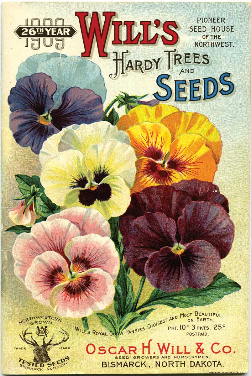 <strong>Oscar Will Seed Catalog Covers. Figure 105. </strong>The front cover of the 25th anniversary Oscar H. Will & Company seed catalog for 1908 features drawings of Will’s sugar watermelon, hard head lettuce, early June cabbage, carmine radish, and early June sweet corn called “Dakota globe.” (Slide 2 of 2) - <strong>Figure 106. The 1909 catalog</strong> features Will’s royal show pansies. <em> (SHSND 10190) </em>