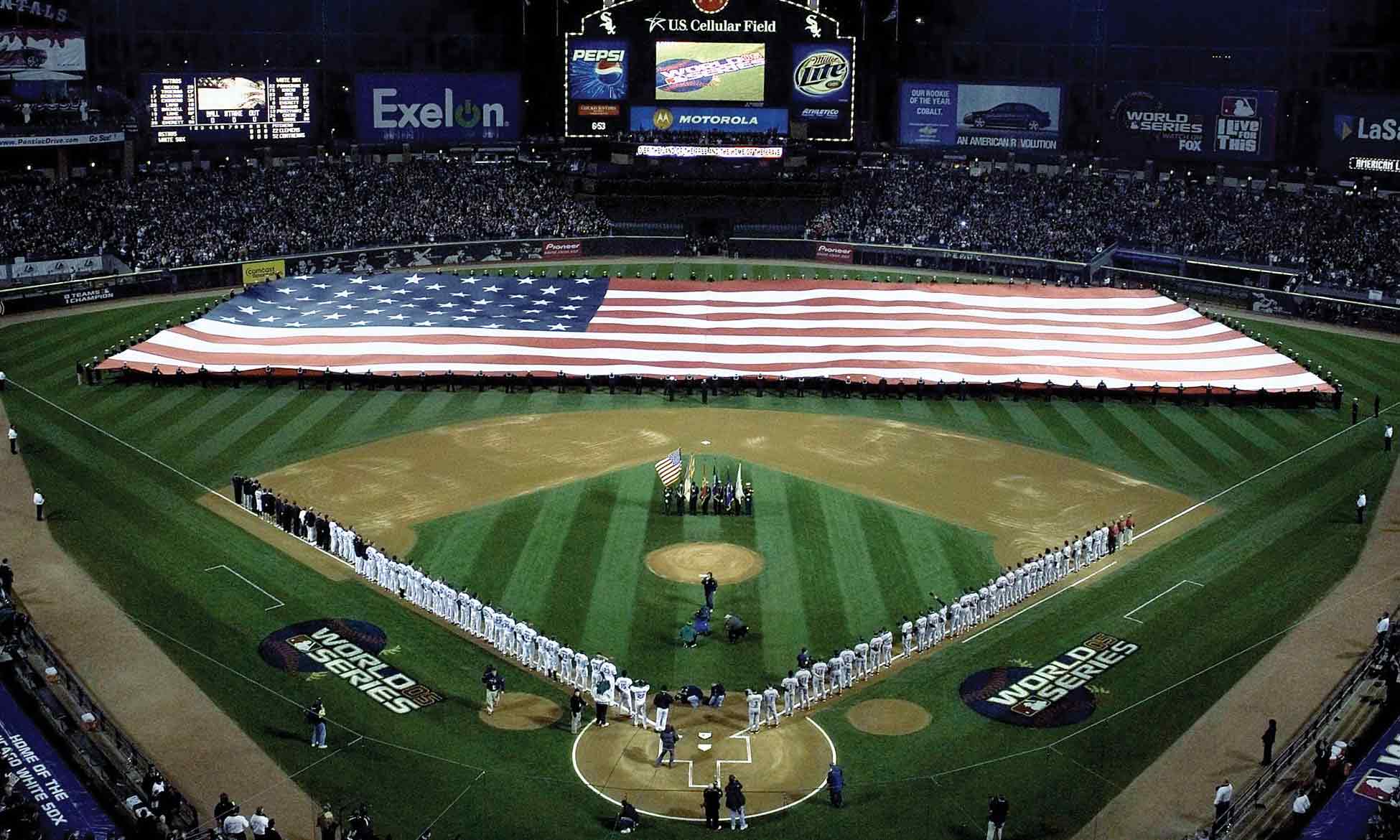 The U.S. flag is displayed during the National Anthem