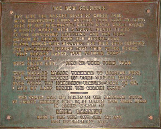 inscription at the base of the Statue of Liberty by Emma Lazarus