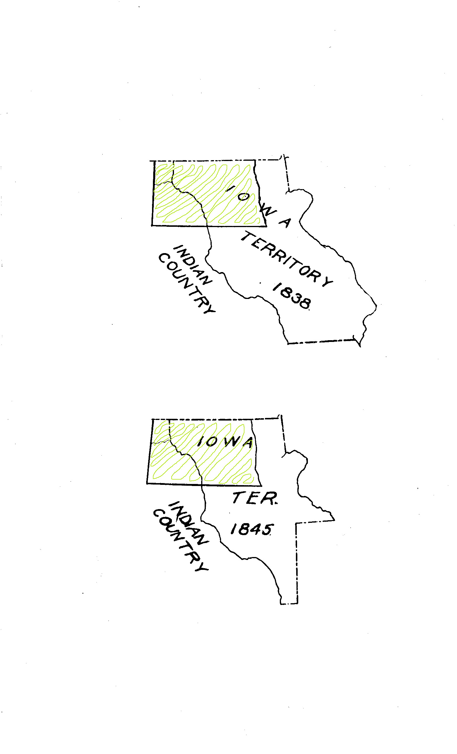 The territory took on another shape when Wisconsin Territory was re-organized into the shape it would have at statehood (1848). Iowa also changed its shape a few more times before it became a state in 1846.