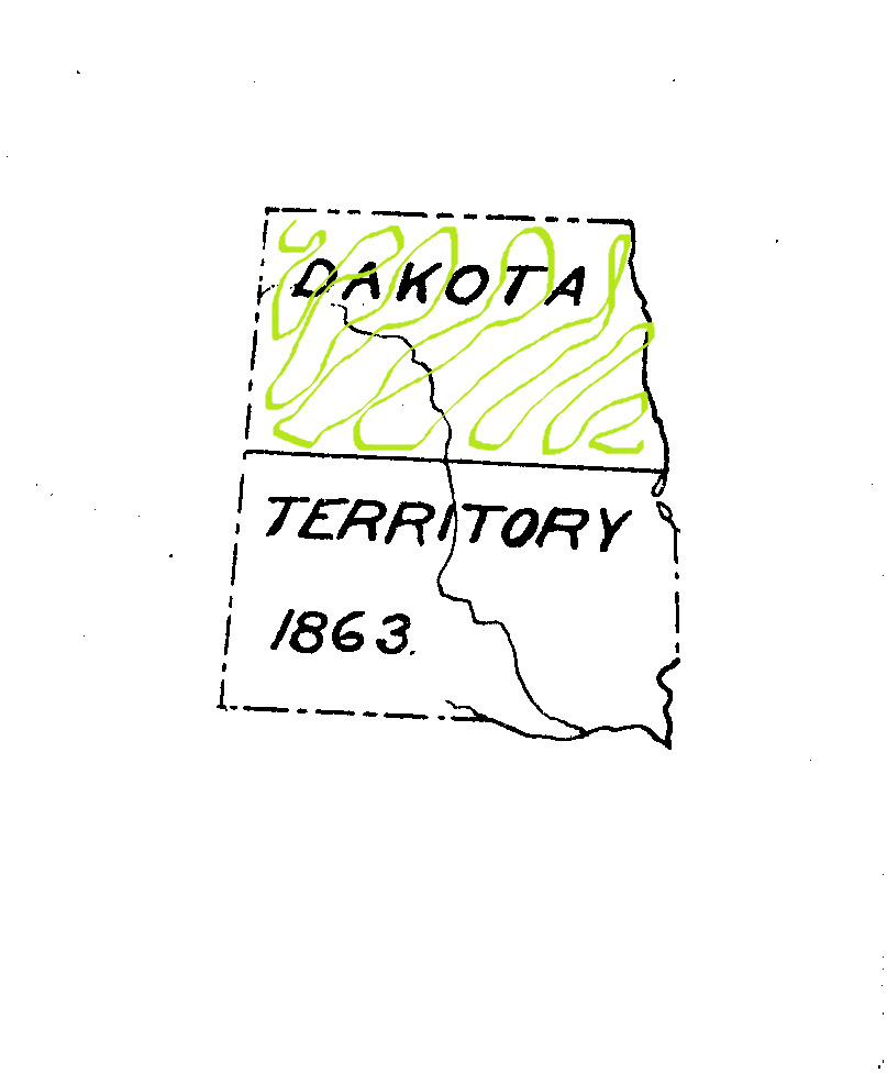 In 1863, Congress once again changed the political boundaries of Dakota Territory. The western portion was removed and turned into the territories of Wyoming and Montana (which was part of Idaho). The shape of Dakota Territory would remain just like this until statehood in 1889. In 1889, the line was drawn across the middle dividing the territory into two states, approximately equal in size.