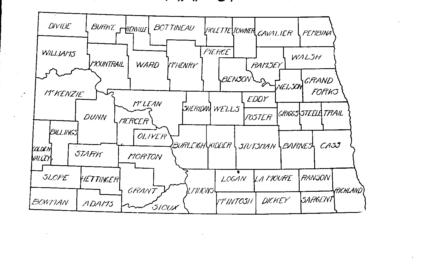 This is the state of North Dakota in 1916, which is the same as North Dakota today (2014). Between 1889 and 1916, several counties were changed in shape or re-named. Grant County was the last county created.