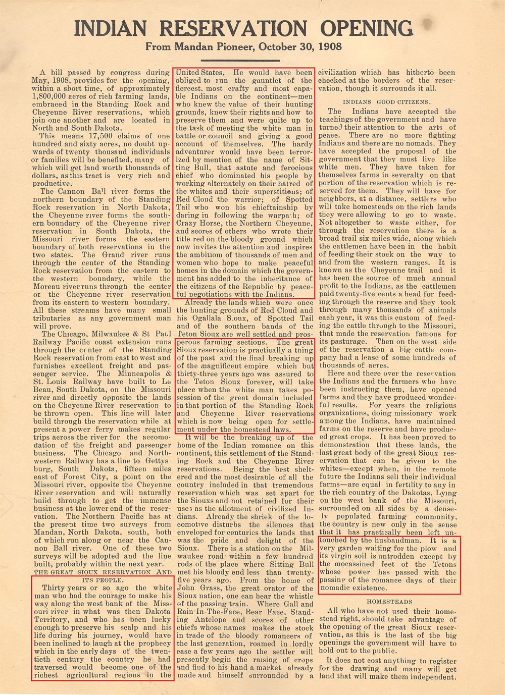 Mandan Pioneer newspaper: The opening of Standing Rock reservation to settlers