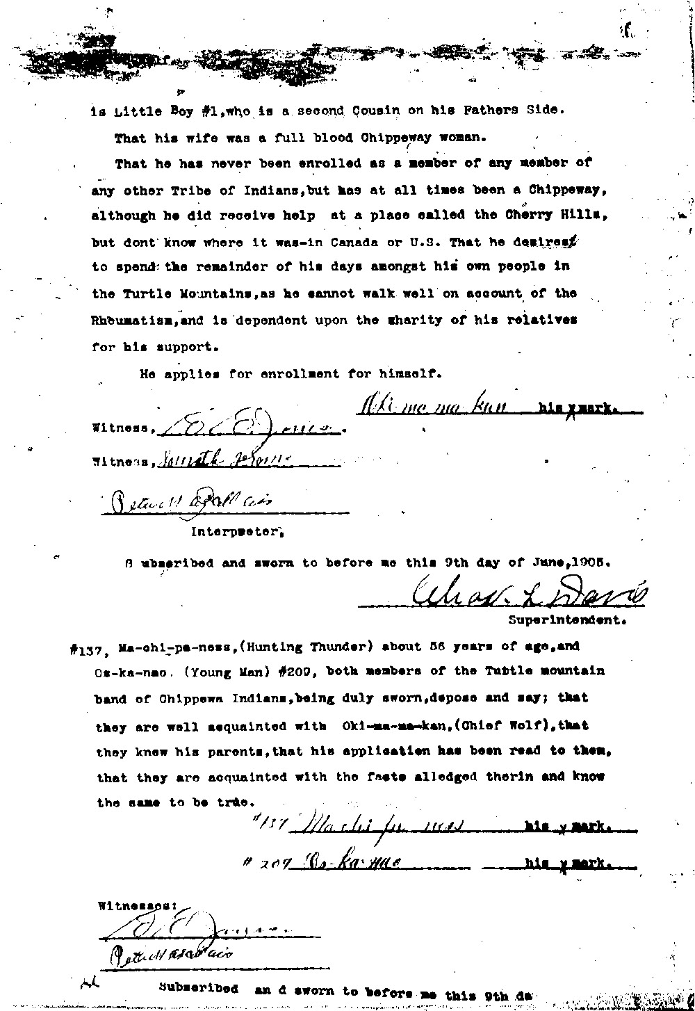 The McCumber Agreement and allotment broke up the families of the Turtle Mountain Chippewas. Many people had no place they could call home. One elderly man, Oki-ma-ma-kan (also called Chief Wolf) applied to become a member of the Turtle Mountain Chippewas. He had been born in the United States, but had married a Canadian Chippewa woman and had lived a few years in Canada. After his wife’s death and the death of their only son, he had no family to live with unless he went to the reservation. <br /><br />We don’t know the outcome of Oki-ma-ma-kan’s application for enrollment, but his application tells us  more about how the establishment of the Turtle Mountain reservation affected individual Chippewas. The strict rules about enrollment and the small land base made life very difficult for the elderly, the poor, and others who needed to live near their family members.