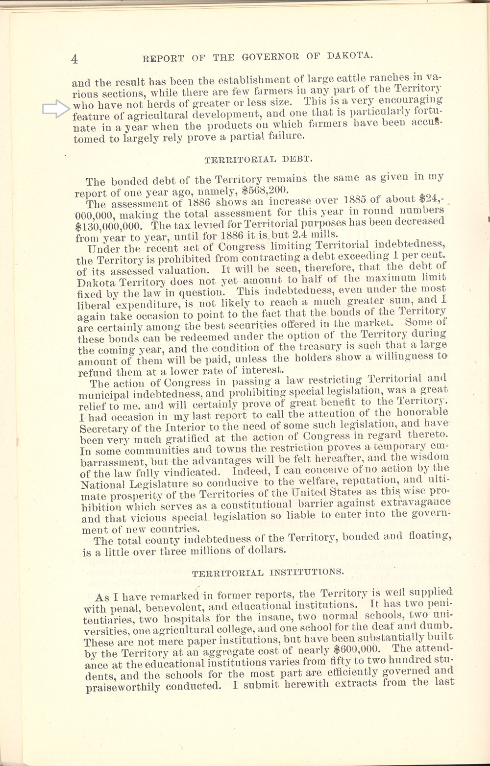 The governor of Dakota Territory reported to the Secretary of the Interior each year because territorial government was under the regulation of the Department of the Interior.  In 1886, Governor Gilbert Pierce reported that a severe drought had affected crops in 1886.  He suggested that the drought had encouraged cattle raising in the northern part of Dakota Territory.   Governor Pierce’s annual report included a chart showing how many people in 1886 had filed on public land under the Homestead, Timber Culture, or Pre-emption laws.  In 1887, Governor Louis K. Church presented a similar chart in his annual report to the Secretary of the Interior.  His data demonstrates that the drought had caused a dramatic reduction in the number of new filings on federal land.   Church shows an increase in the number of “proofs” on Homestead and Timber Culture claims.  This is because many of the claimants who arrived during the boom had qualified to receive the deed to their land following five years of required residence.  Church’s data also shows an increase in the number of Homestead claims that were “commuted,” or paid for in cash.  When they paid for their claims, settlers could sell the land or mortgage it for cash.  