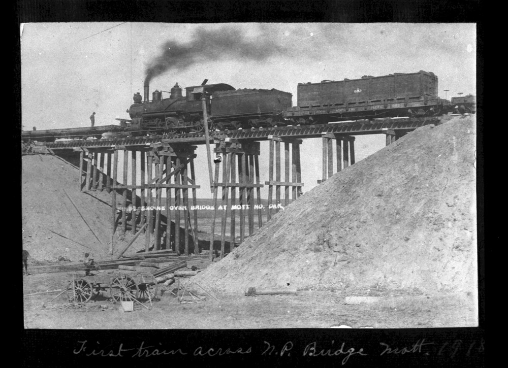 First train over Northern Pacific Bridge Mott ND