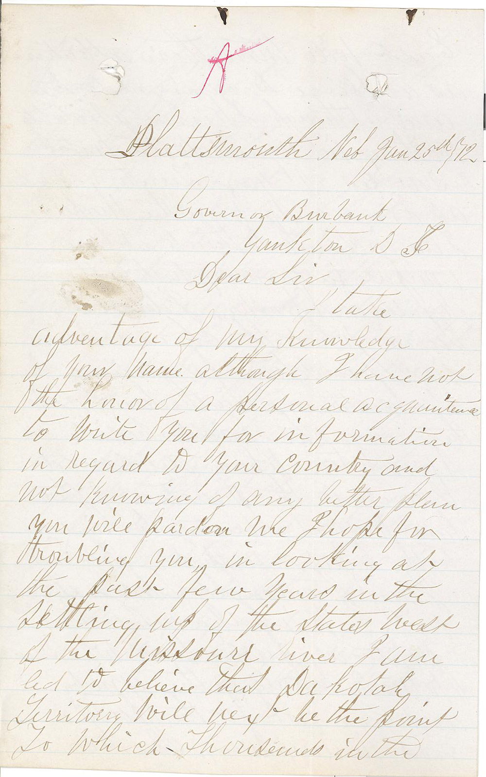 M. Van Arman was a lawyer looking to find a better position. Instead of simply moving to Dakota Territory, he wrote hoping that the governor might use his influence to find a position for him.