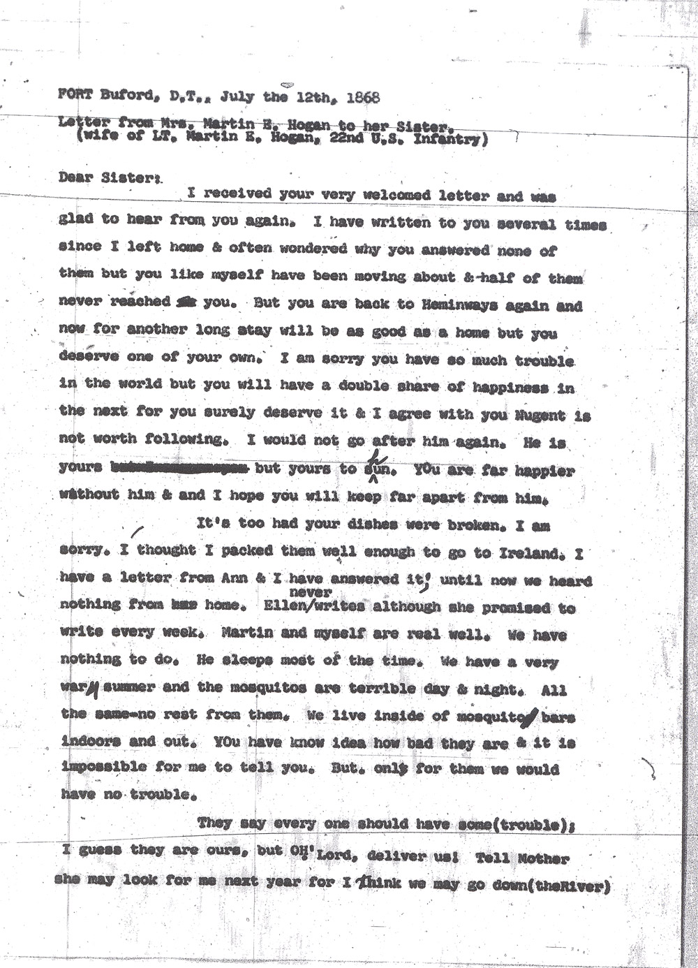 Kate Hogan Letter 1, Transcription, Page 1