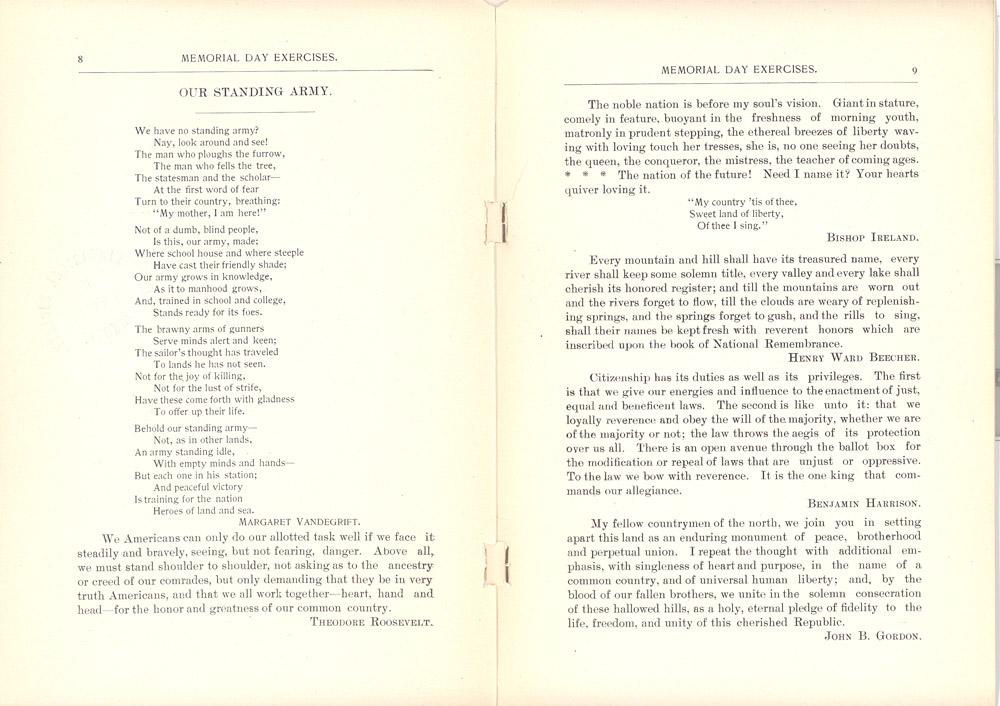 These pages are from the Memorial Day Program booklet of 1903. The North Dakota Superintendent of Public Instruction sent a copy of this booklet to every school. There were also programs for George Washington’s birthday, Abraham Lincoln’s Birthday, and Arbor Day.