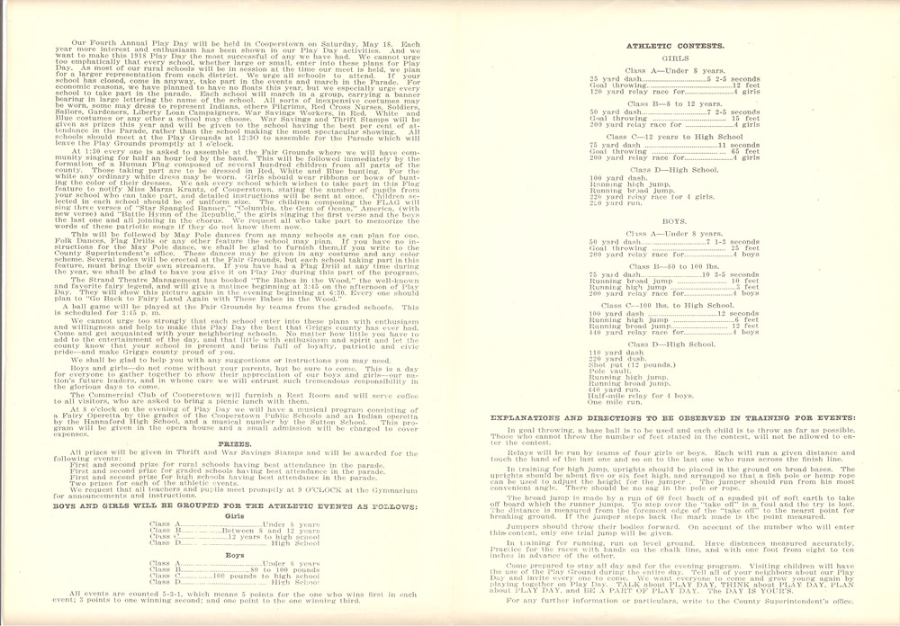 Play Days were popular end-of-the-school year events. Parents often attended Play Day events which were all about having fun. The State Superintendent of Public Instruction did not offer any booklets for Play Day. The events were organized by each school district.
