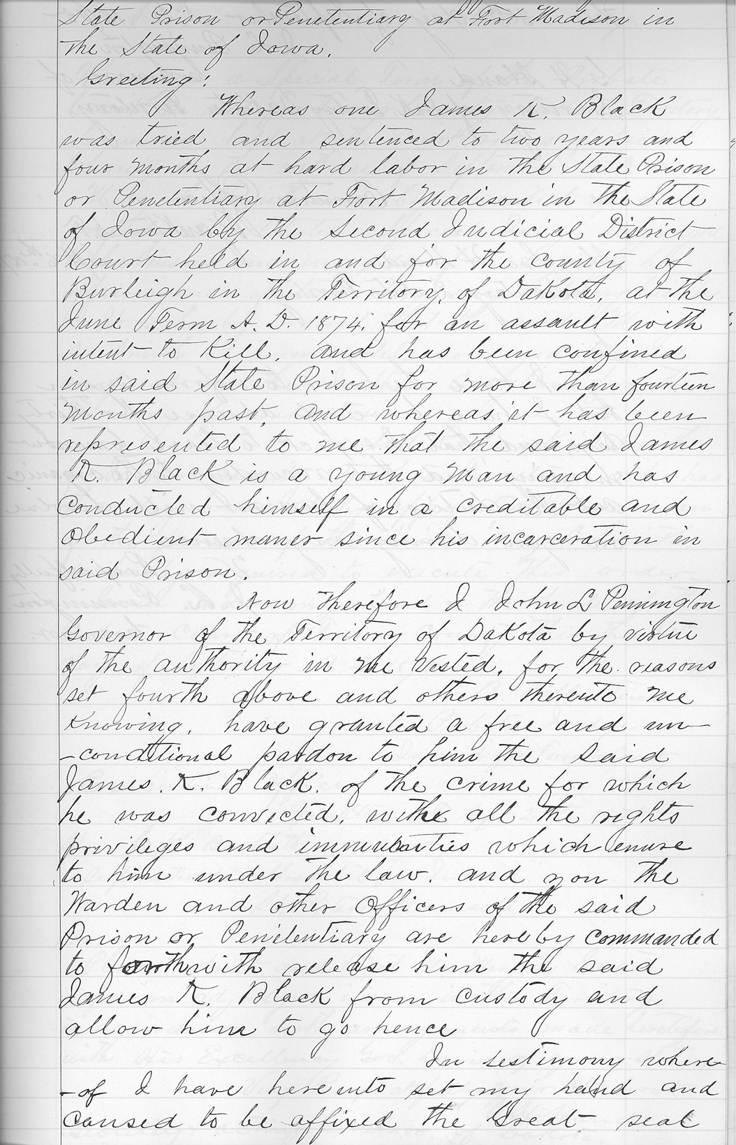 Pennington’s Pardon of James Black (Page 1)