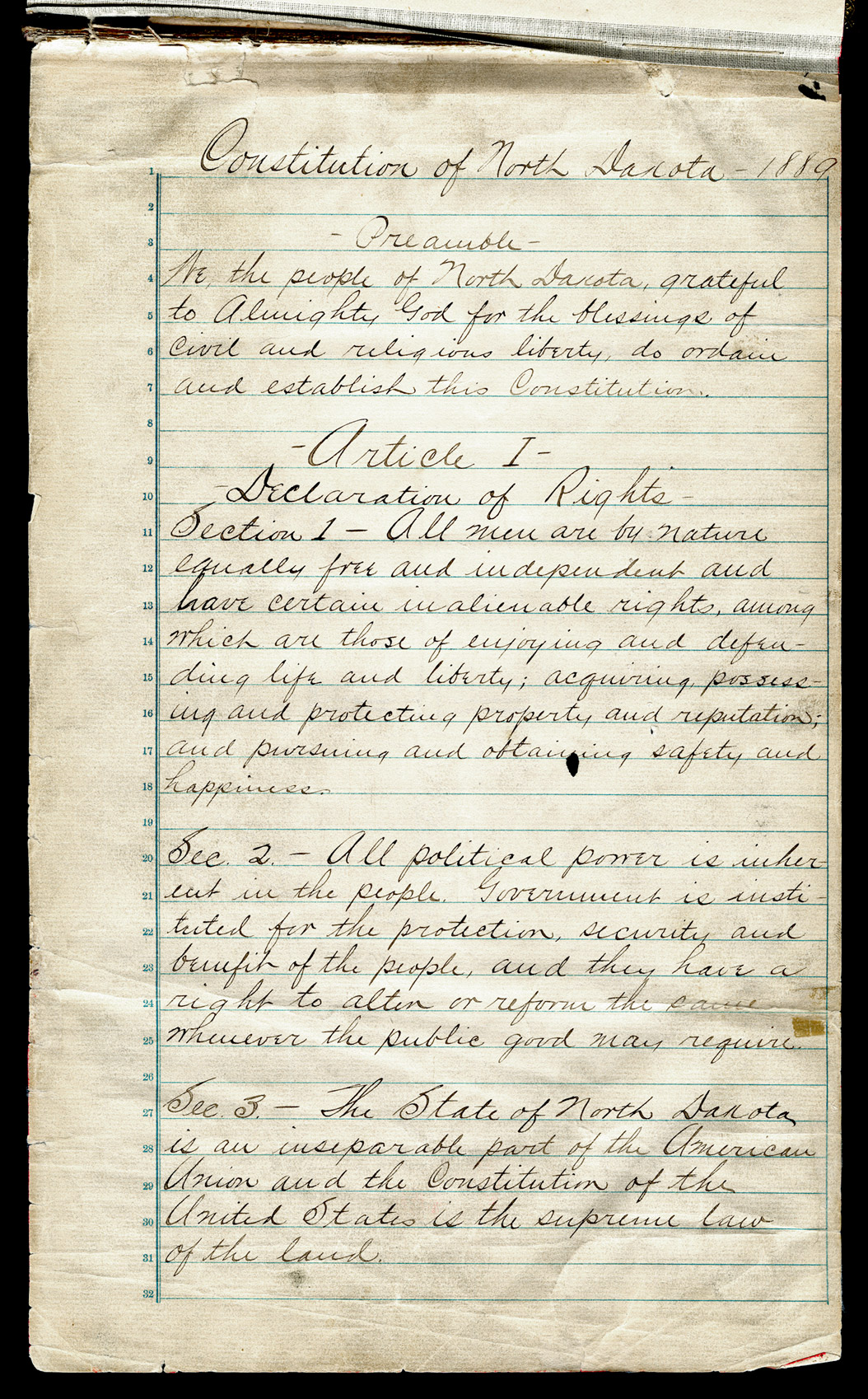 The clerks of the Constitutional Convention took notes daily. Once the delegates approved all of the articles and sections of the Constitution, the clerk wrote the constitution into a book. The original constitution was in the North Dakota Secretary of State’s office when the capitol burned in 1930. It was carried out of the burning building. The people of North Dakota wrote a new constitution in 1972, but it was not ratified.