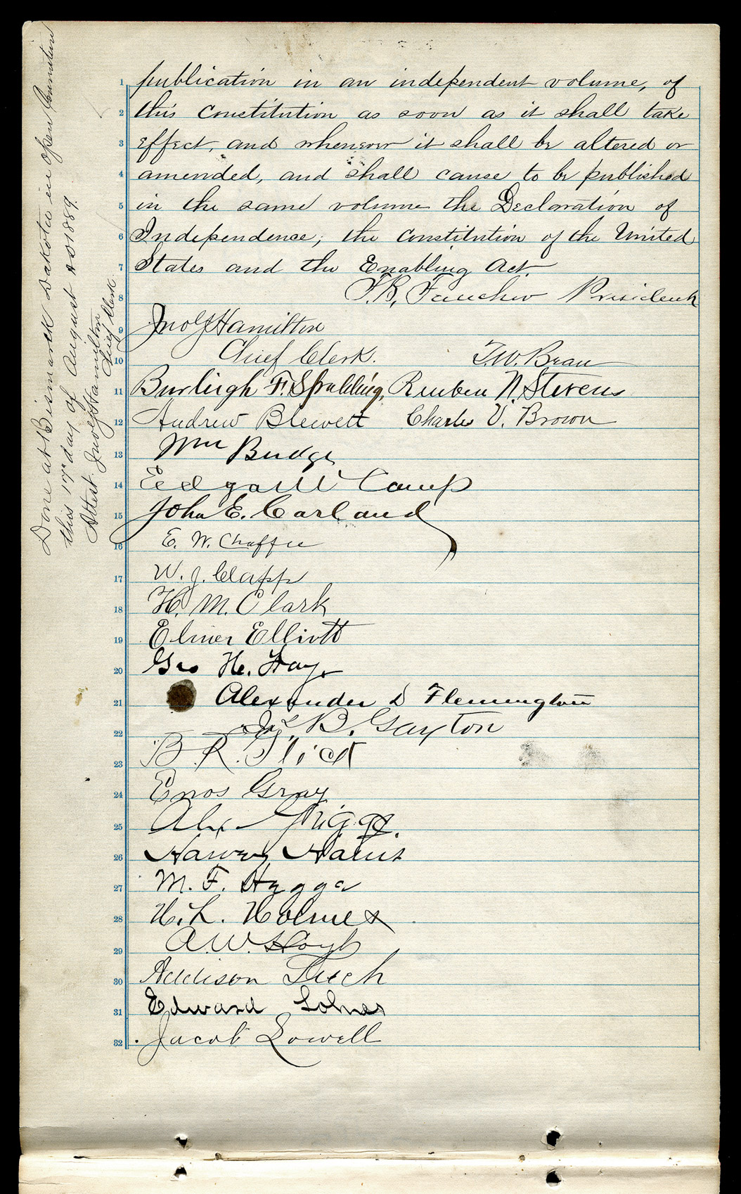 The clerks of the Constitutional Convention took notes daily. Once the delegates approved all of the articles and sections of the Constitution, the clerk wrote the constitution into a book. The original constitution was in the North Dakota Secretary of State’s office when the capitol burned in 1930. It was carried out of the burning building. The people of North Dakota wrote a new constitution in 1972, but it was not ratified.