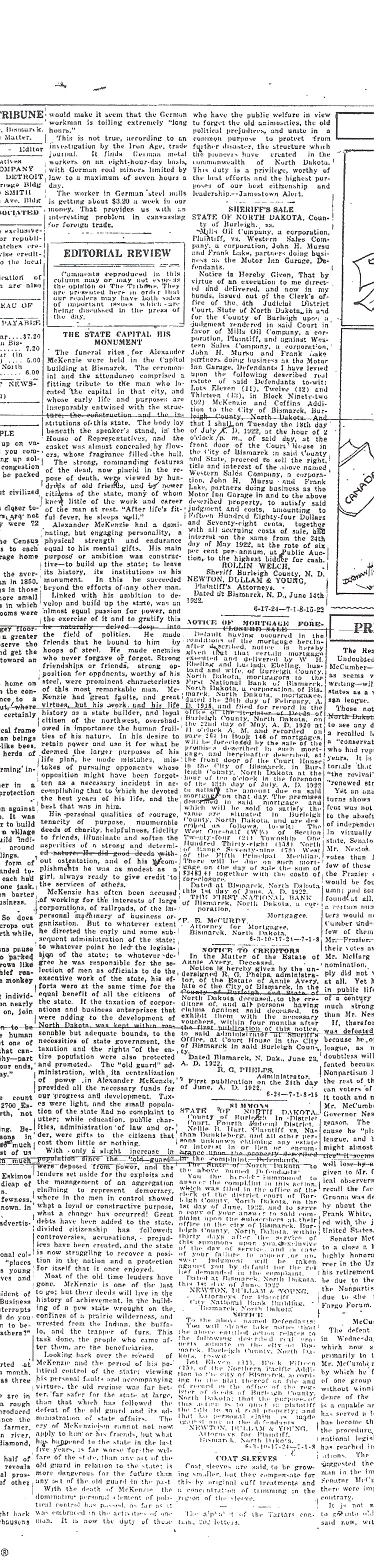 Alex McKenzie Obituary from the Bismarck Tribune, July 1, 1922