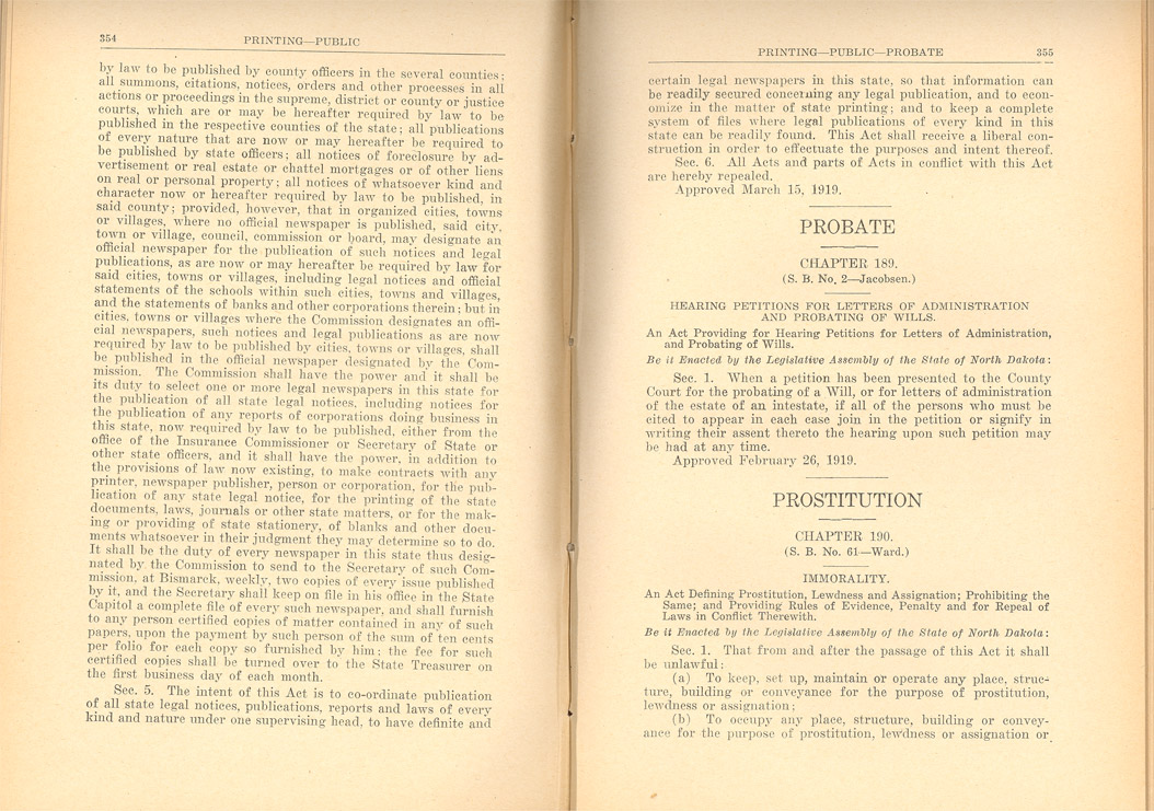 The 1919 legislature passed two laws regarding the state printing business. One allowed for voters to select the official county newspaper. This law would not be effective until the next election in 1920. The other law created the State Printing Commission which would select official county newspapers. More than 61 newspapers had gone out of business before voters had a chance to vote for a county newspaper. These images were scanned from the North Dakota Laws of 1919.