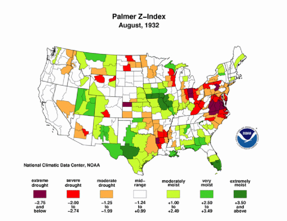 Palmer Maps, 1930s. These Palmer Z-Index maps show areas of North Dakota that suffered from drought during the 1930s. Map 8 is a Palmer Modified Drought Index Map for July 1934 showing the effect of drought over the past 12 months.