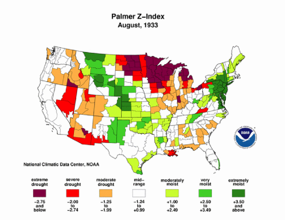 Palmer Maps, 1930s. These Palmer Z-Index maps show areas of North Dakota that suffered from drought during the 1930s. Map 8 is a Palmer Modified Drought Index Map for July 1934 showing the effect of drought over the past 12 months.