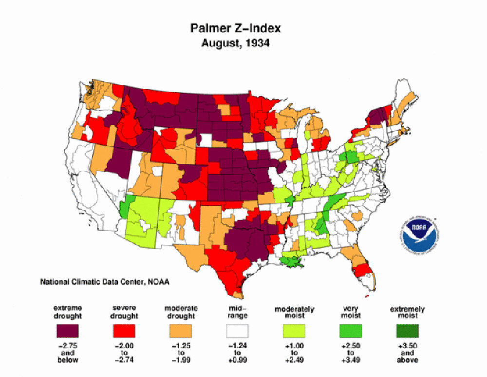 Palmer Maps, 1930s. These Palmer Z-Index maps show areas of North Dakota that suffered from drought during the 1930s. Map 8 is a Palmer Modified Drought Index Map for July 1934 showing the effect of drought over the past 12 months.