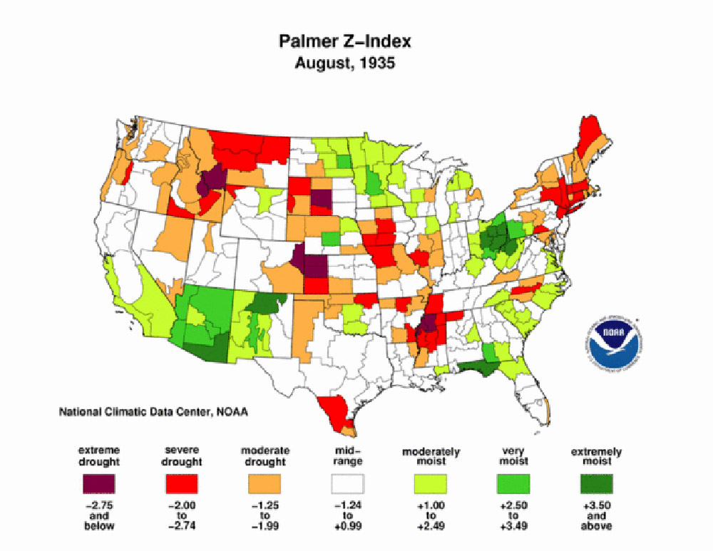 Palmer Maps, 1930s. These Palmer Z-Index maps show areas of North Dakota that suffered from drought during the 1930s. Map 8 is a Palmer Modified Drought Index Map for July 1934 showing the effect of drought over the past 12 months.