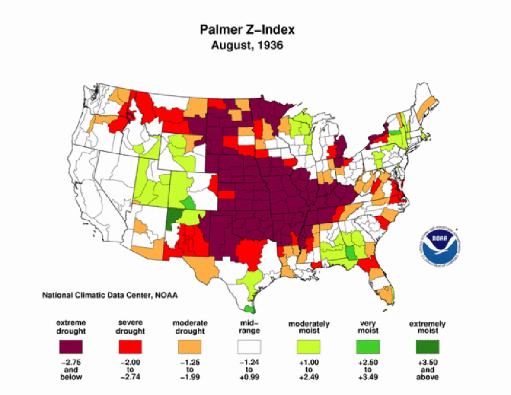 Palmer Maps, 1930s. These Palmer Z-Index maps show areas of North Dakota that suffered from drought during the 1930s. Map 8 is a Palmer Modified Drought Index Map for July 1934 showing the effect of drought over the past 12 months.