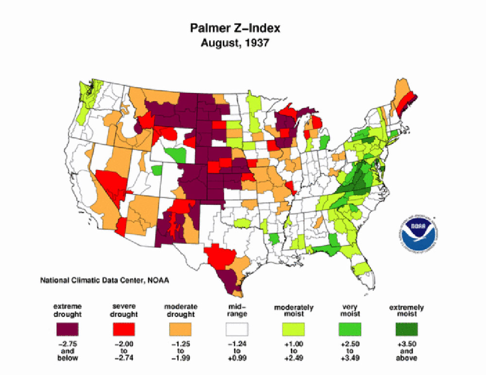 Palmer Maps, 1930s. These Palmer Z-Index maps show areas of North Dakota that suffered from drought during the 1930s. Map 8 is a Palmer Modified Drought Index Map for July 1934 showing the effect of drought over the past 12 months.