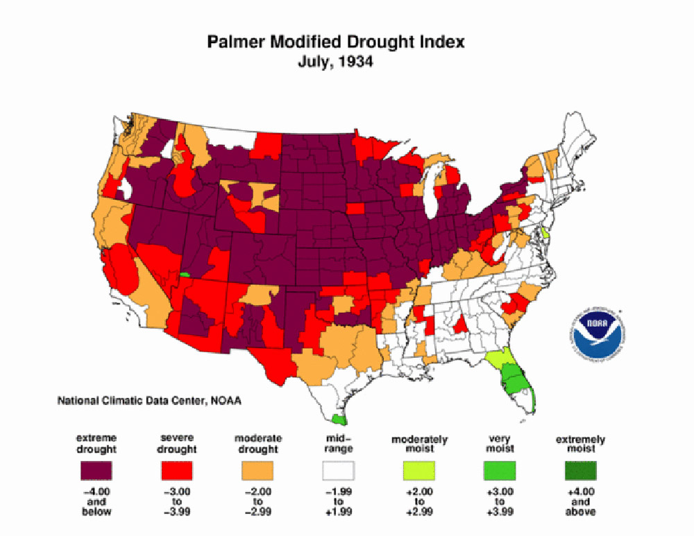 Palmer Maps, 1930s. These Palmer Z-Index maps show areas of North Dakota that suffered from drought during the 1930s. Map 8 is a Palmer Modified Drought Index Map for July 1934 showing the effect of drought over the past 12 months.