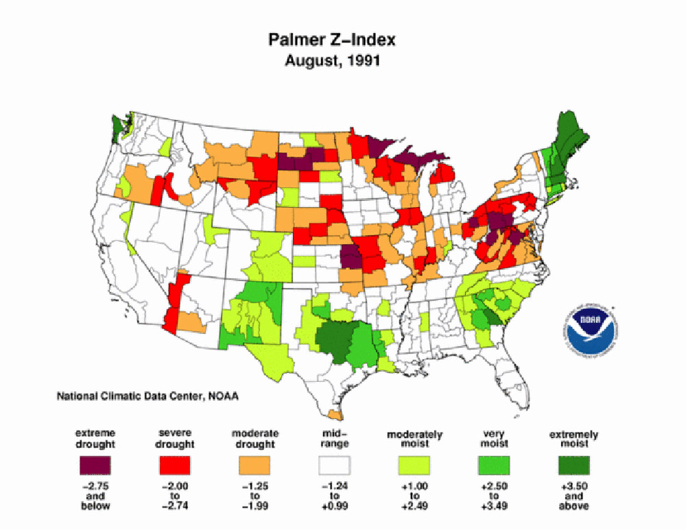 Palmer Maps, 1984-2011. These Palmer Z-Index maps indicate that drought appears periodically in North Dakota, but often is very localized. The map of 2011, shows the excess rainfall that resulted in flooding in the Missouri, Mouse, and Red River valleys.