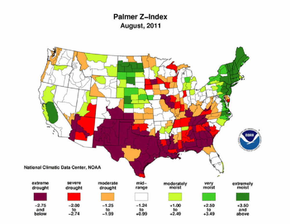 Palmer Maps, 1984-2011. These Palmer Z-Index maps indicate that drought appears periodically in North Dakota, but often is very localized. The map of 2011, shows the excess rainfall that resulted in flooding in the Missouri, Mouse, and Red River valleys.