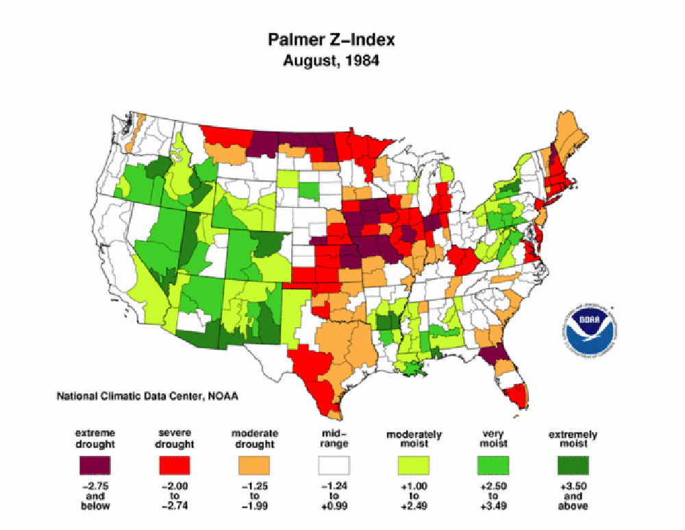 Palmer Maps, 1984-2011. These Palmer Z-Index maps indicate that drought appears periodically in North Dakota, but often is very localized. The map of 2011, shows the excess rainfall that resulted in flooding in the Missouri, Mouse, and Red River valleys.