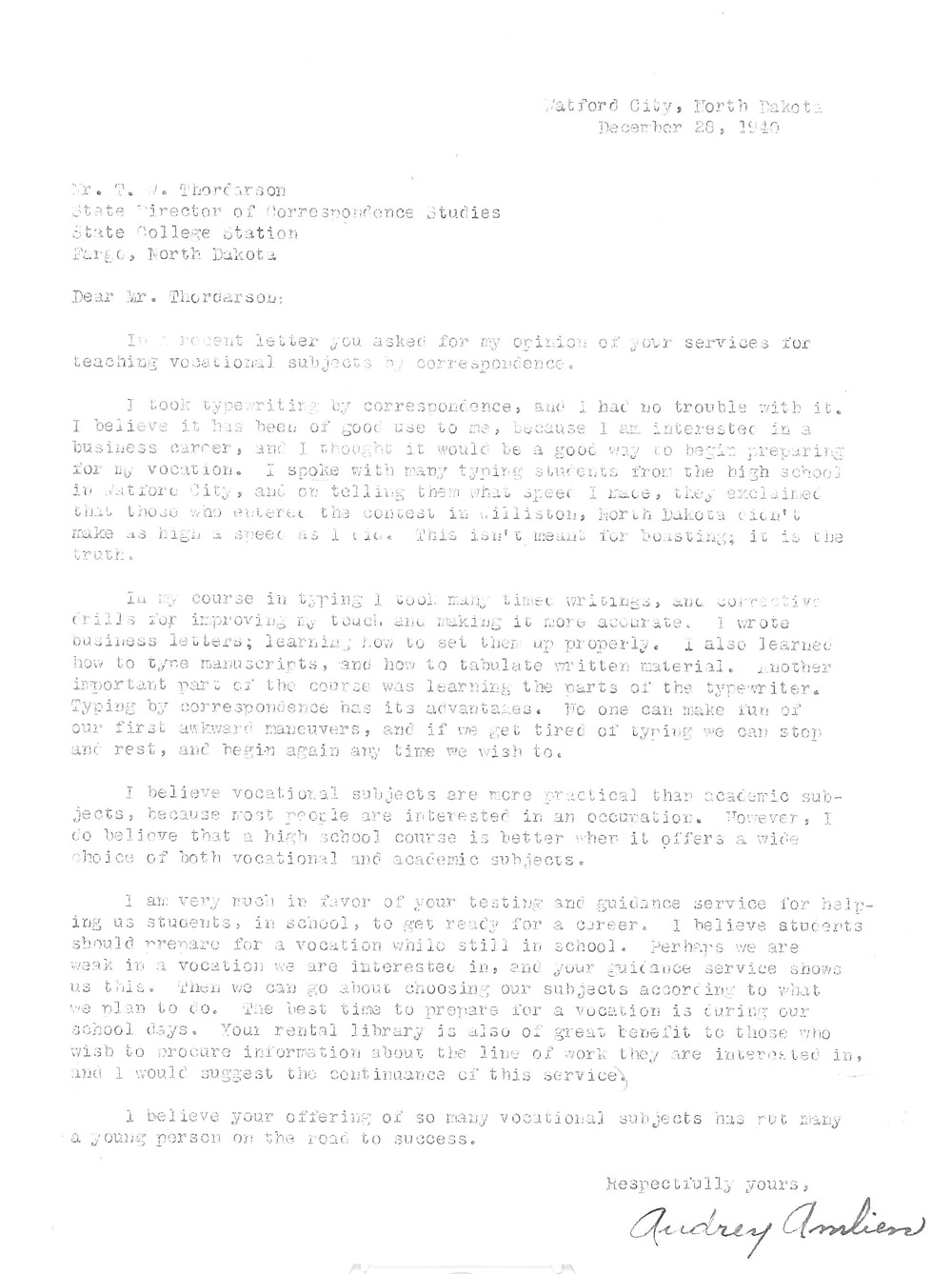 Letters to Correspondence School. These letters were written by four correspondence students and one school administrator. The letters show how important the correspondence school was to students who needed courses their school did not offer or those who had not had opportunity to finish high school. Mr. Fladseth, principal of Horace School, appreciated the variety of courses that his small school could not possibly offer.