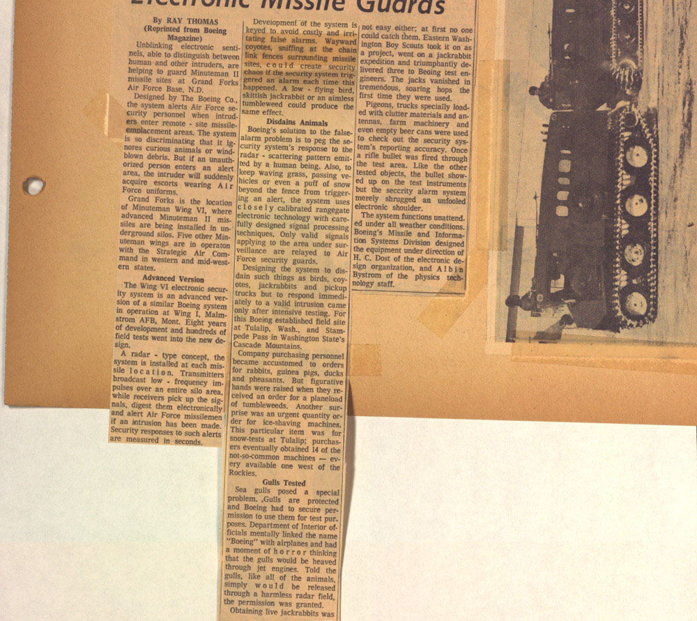 Newspaper Clippings. The Grand Forks Herald kept readers informed of progress in building the missile sites. The newspaper articles discuss economic impact, the process of guarding the sites, and raise questions about planting missiles in farm fields. All of these clippings were copied from John Whiteside’s scrapbook. 