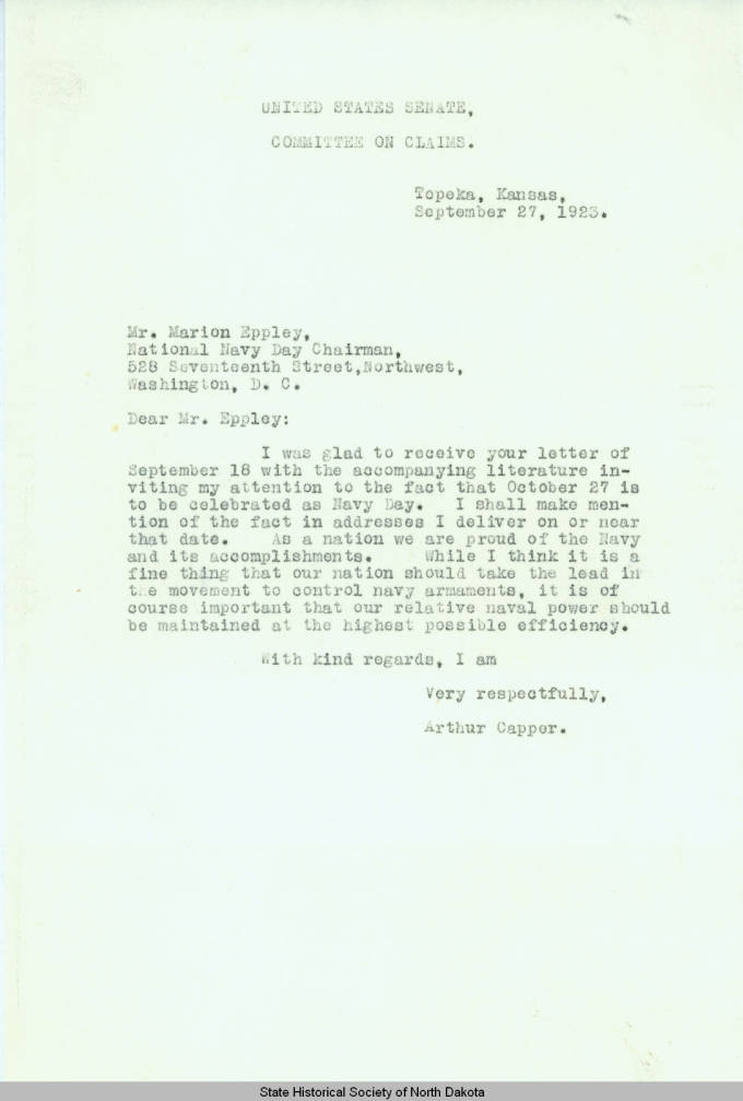 Capper to Eppley Letter 1923-09-27