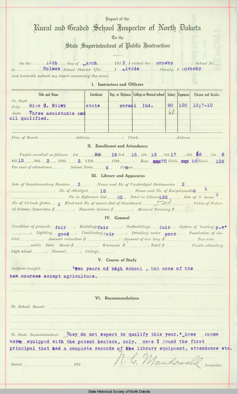 Crosby school inspection 1912-03-12